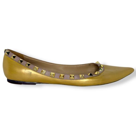 Valentino Metallic Gold Leather Rockstud Ballet Flats Size 38 *flaw - Picture 1 of 10